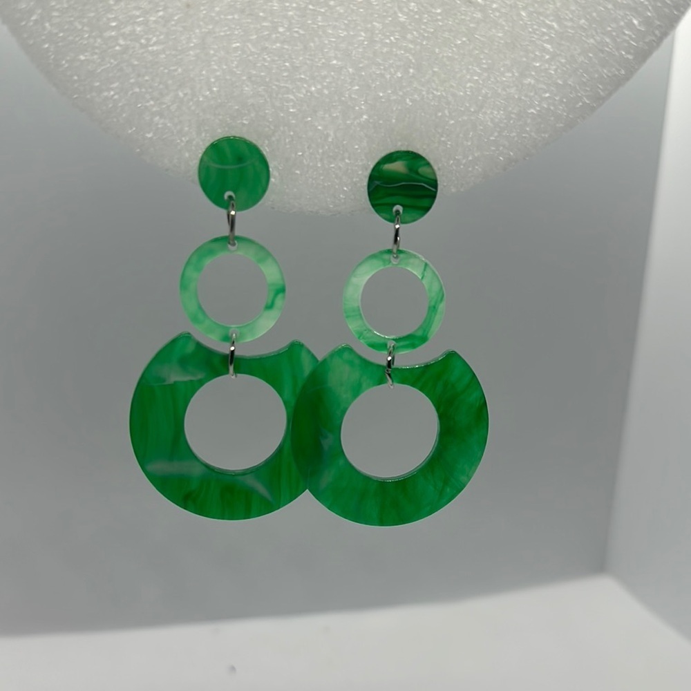 Retro Mod Green Acrylic Geometric Dangle Earrings - 2.5 Inch Statement Earrings